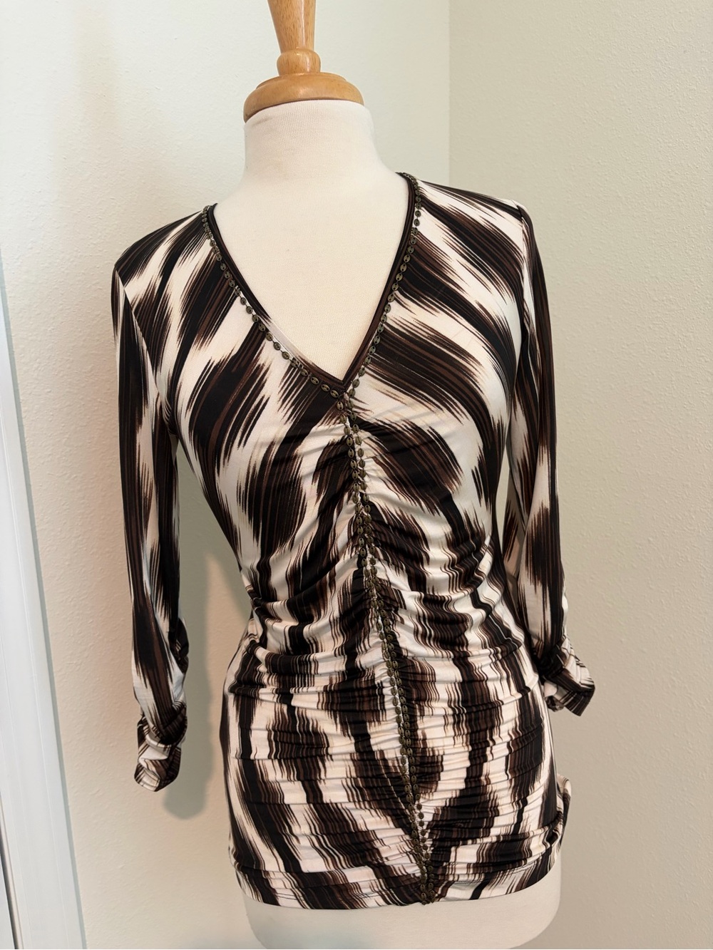 Etcetera Brown & Cream Ruched V-Neck Long Sleeve Top with Stud Detail